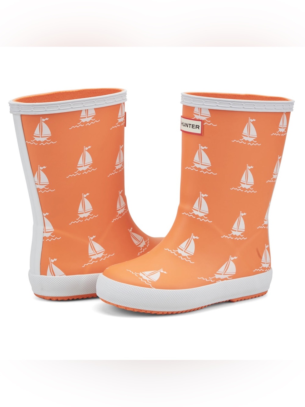 Hunter Kids Orange Sailboat Print  Rain Boots Size 2 Unisex